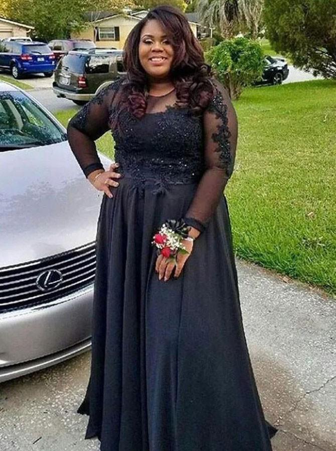 a line round neck long sleeves chiffon plus size prom dress