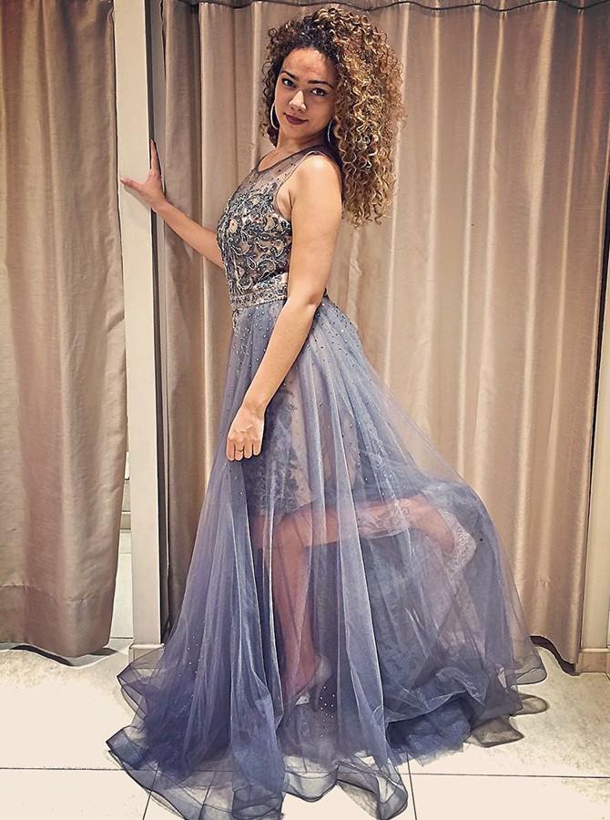 a line round neck detachable 2 in 1 prom dress with lace beading