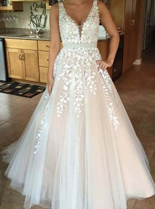 a line tulle long backless prom wedding dress v neck lace applique wedding dress