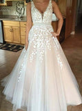 a line tulle long backless prom wedding dress v neck lace applique wedding dress