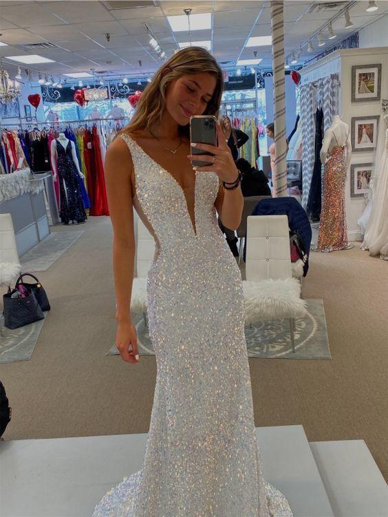 sparkly mermaid white v neck prom dresses sequin long evening gown