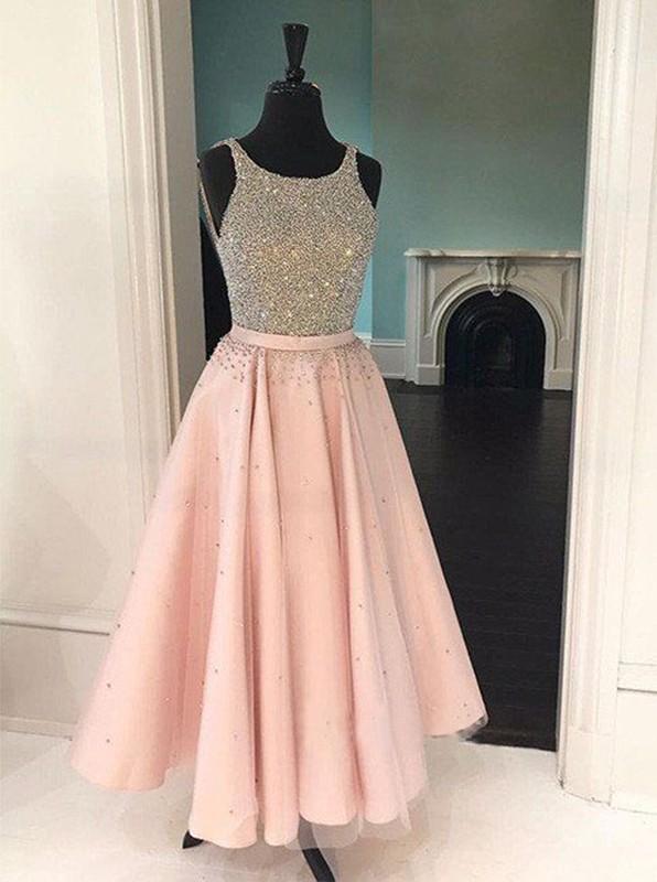 a line tulle beading scoop tea length prom dress
