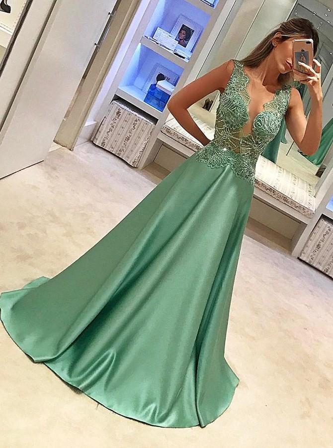 elegant a line satin appliques beading long prom dress