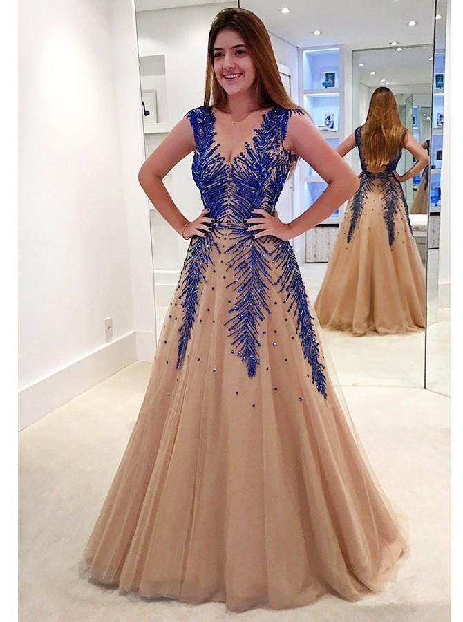 stunning a line v neck backless tulle long prom dress