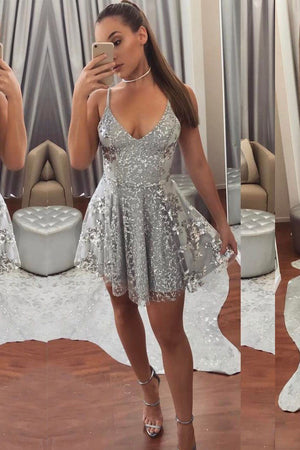 spaghetti v neck lace appliques homecoming dresses short graduation dresses