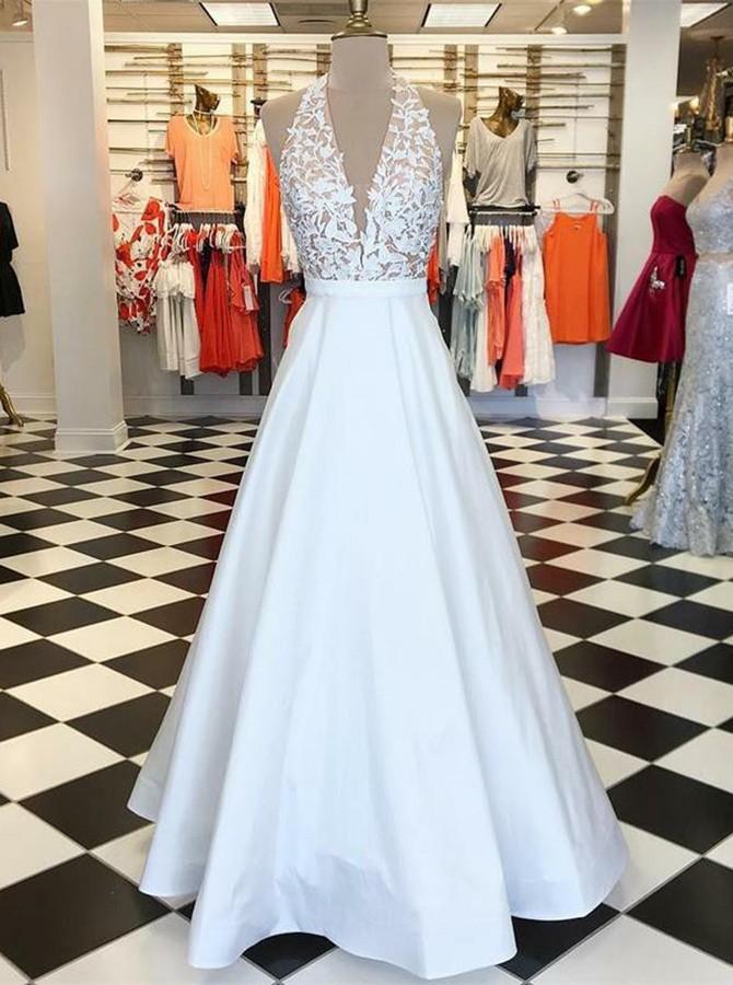 halter plunging neckline appliques satin long prom dress with pockets
