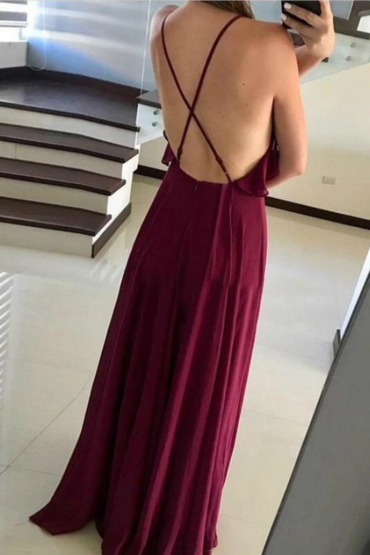 Flowy flounced neckline chiffon long backless prom dresses mg290