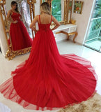 A-line red tulle long prom dresses, straps formal party dress with beading mg288