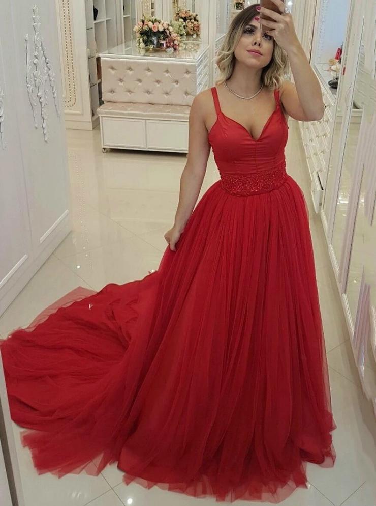 A-line red tulle long prom dresses, straps formal party dress with beading mg288