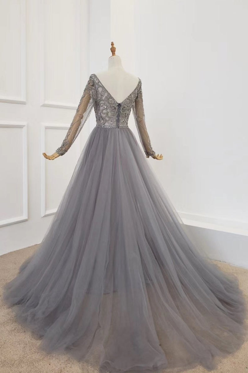 Elegant a-line v-neck tulle beading long sleeves silver prom dress mg293