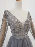 Elegant a-line v-neck tulle beading long sleeves silver prom dress mg293