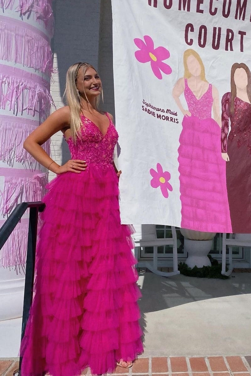 hot pink tulle v neck a line tulle tiered long prom dress with lace appliques
