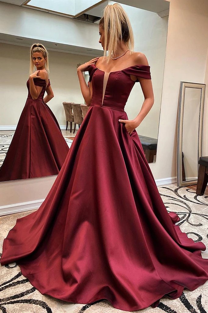 Off shoulder burgundy prom dresses, long graduation evening dress with pockets mg16