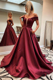 Off shoulder burgundy prom dresses, long graduation evening dress with pockets mg16