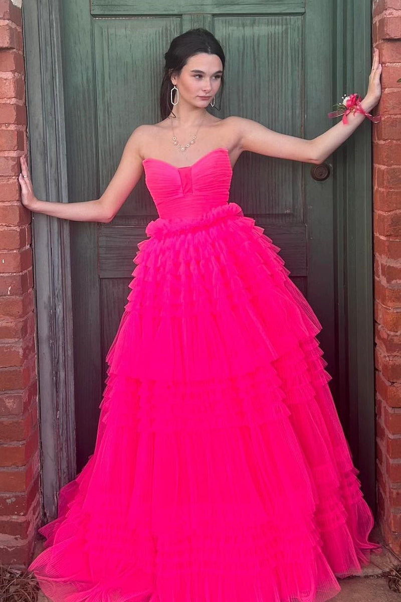 sweetheart hot pink pleated ruffle layers long prom graduation dresses