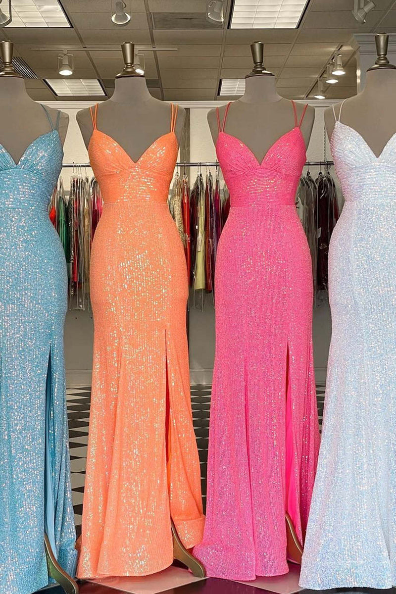 v neck straps sequined mermaid prom dresses long slit evening dresses
