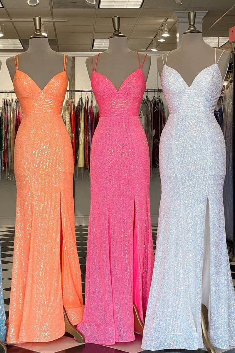 v neck straps sequined mermaid prom dresses long slit evening dresses