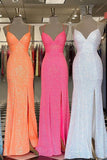v neck straps sequined mermaid prom dresses long slit evening dresses