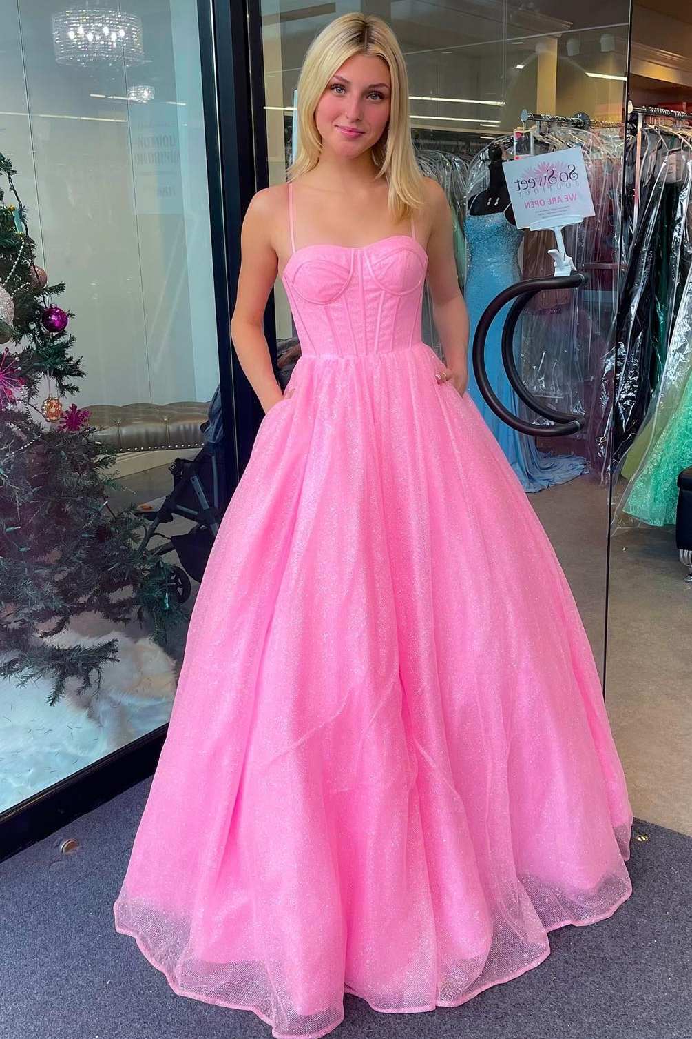 pink sweetheart a line floor length long prom dress with pockets