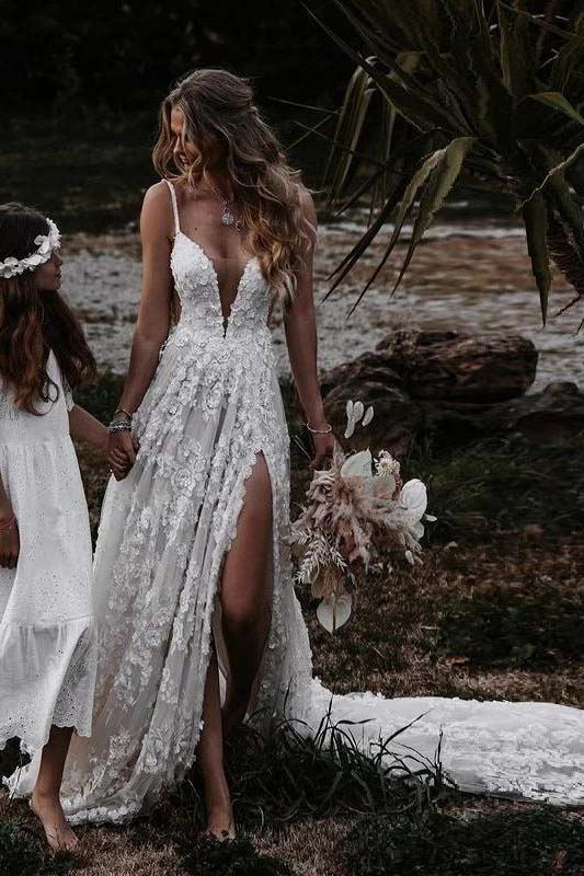 a line deep v neck lace floral wedding dresses with slit backless beach bridal gowns