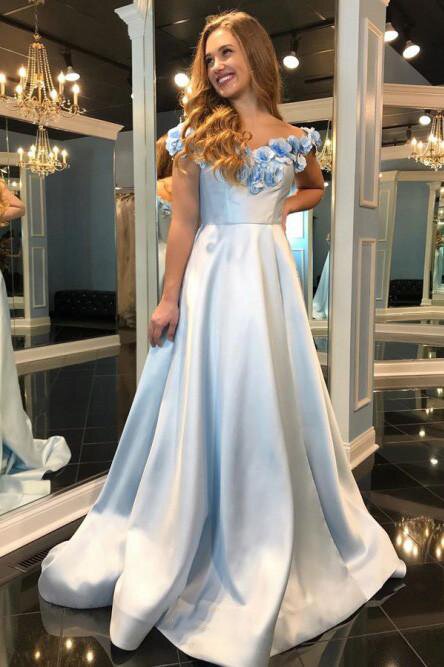 a line off the shoulder floral light blue long prom dress with split
