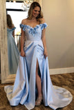 a line off the shoulder floral light blue long prom dress with split
