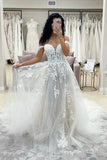 Off Shoulder A-line Boho Lace Applique Tulle Wedding Dress With Slit PW505