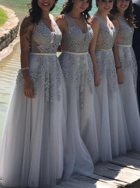 a line princess v neck appliques gray long bridesmaid dresses