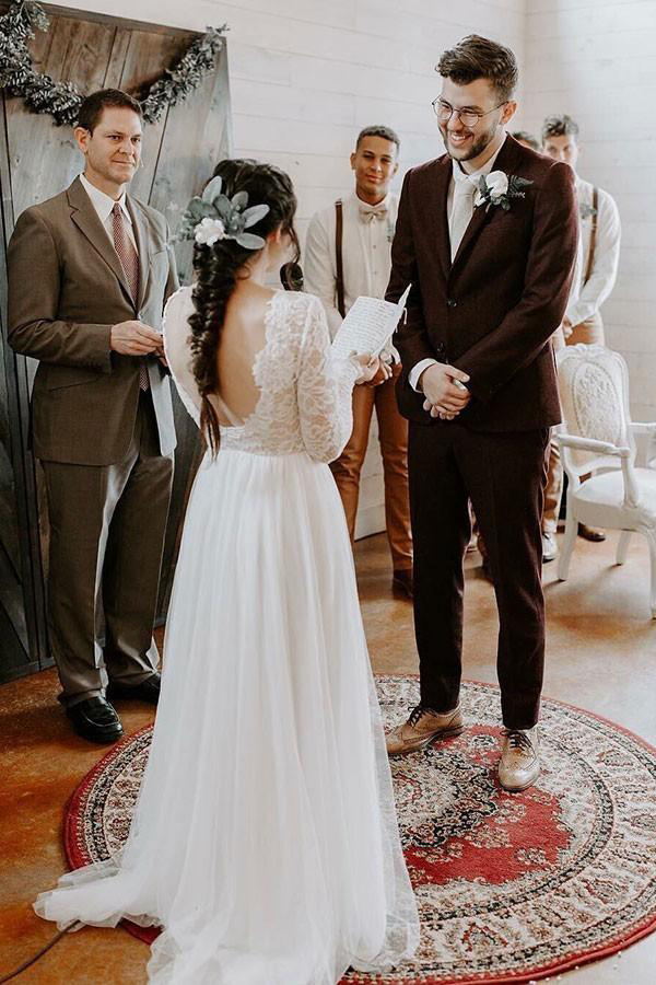 A-Line Round Neck Lace Long Sleeves Chiffon Wedding Dresses PW63