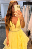 a line tiered ruffles yellow polka dots tulle prom dresses princess formal gown