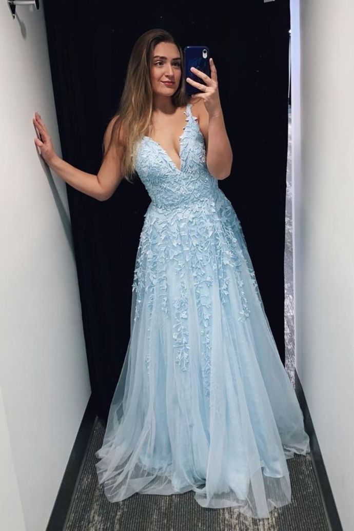 a line v neck sleeveless light sky blue prom dresses with applique