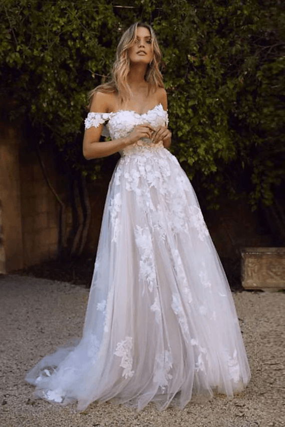 a line wedding dresses off shoulder lace appliques boho wedding gown