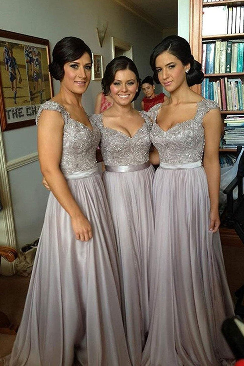 a line chiffon grey long bridesmaid dresses with appliques bodice