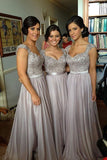a line chiffon grey long bridesmaid dresses with appliques bodice