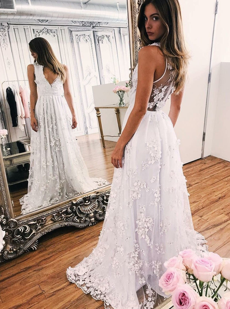 a line illusion back boho beach wedding dress with appliques