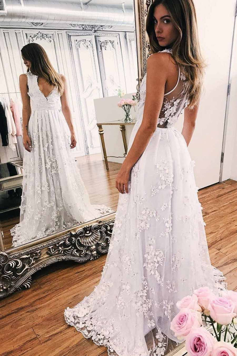 a line illusion back boho beach wedding dress with appliques