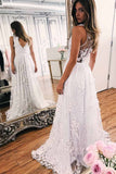 a line illusion back boho beach wedding dress with appliques