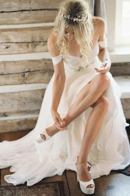 a line off the shoulder beaded chiffon backless beach wedding dress