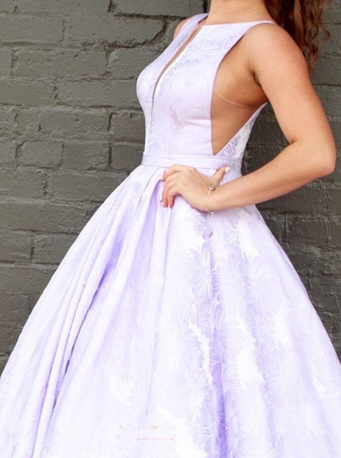 a line bateau sleeveless lilac floral satin prom graduation dress