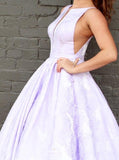 a line bateau sleeveless lilac floral satin prom graduation dress