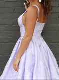 a line bateau sleeveless lilac floral satin prom graduation dress
