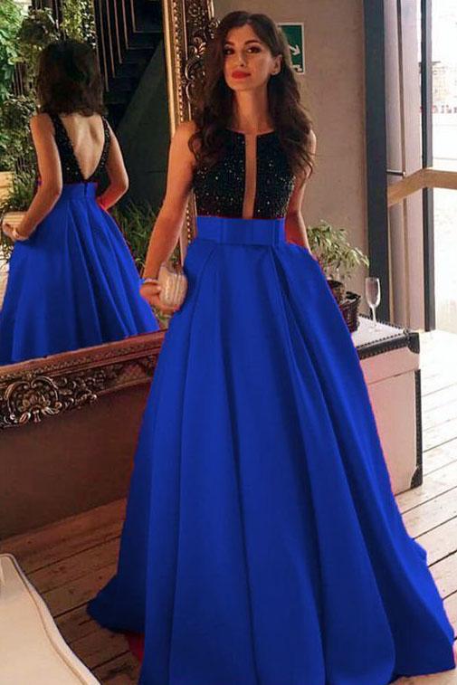 a line princess plunging v neck satin blue prom evening dress