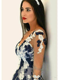 a line princess v neck tulle appliques prom dress with long sleeves