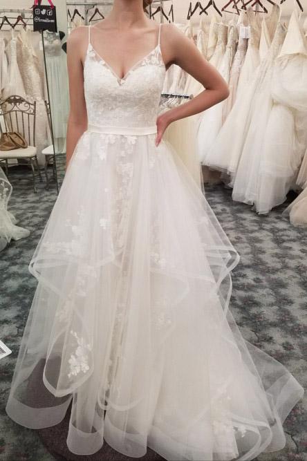 a line spaghetti straps tiered wedding dress with appliques