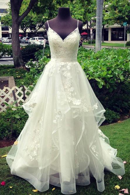 a line spaghetti straps tiered wedding dress with appliques