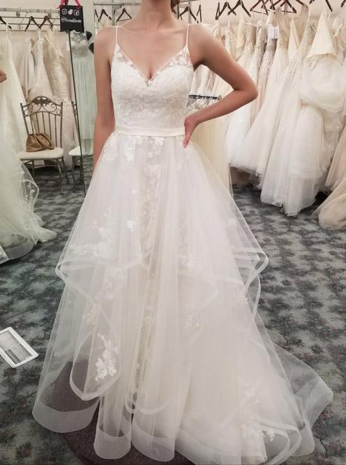 a line spaghetti straps tiered wedding dress with appliques