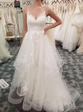 a line spaghetti straps tiered wedding dress with appliques