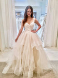 a line v neck ball gown layered sleeveless wedding dress