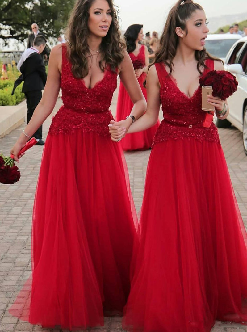 a line v neck appliques beading tulle red long bridesmaid dresses