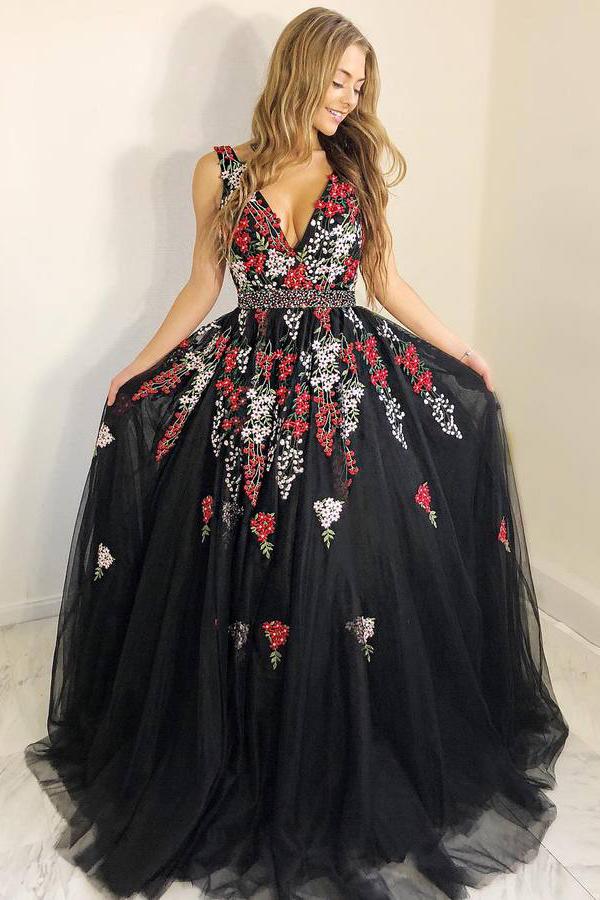 shop a line v neck black tulle long prom dress with appliques